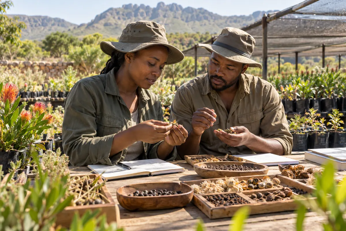 Illustration of botanists studying seeds and indigenous plants
