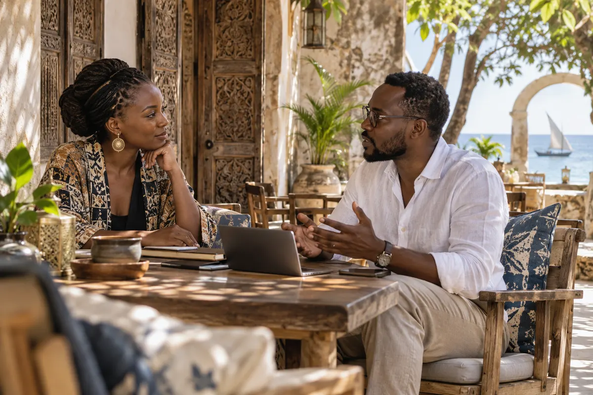 Illustration of entrepreneurs talking in a coastal courtyard