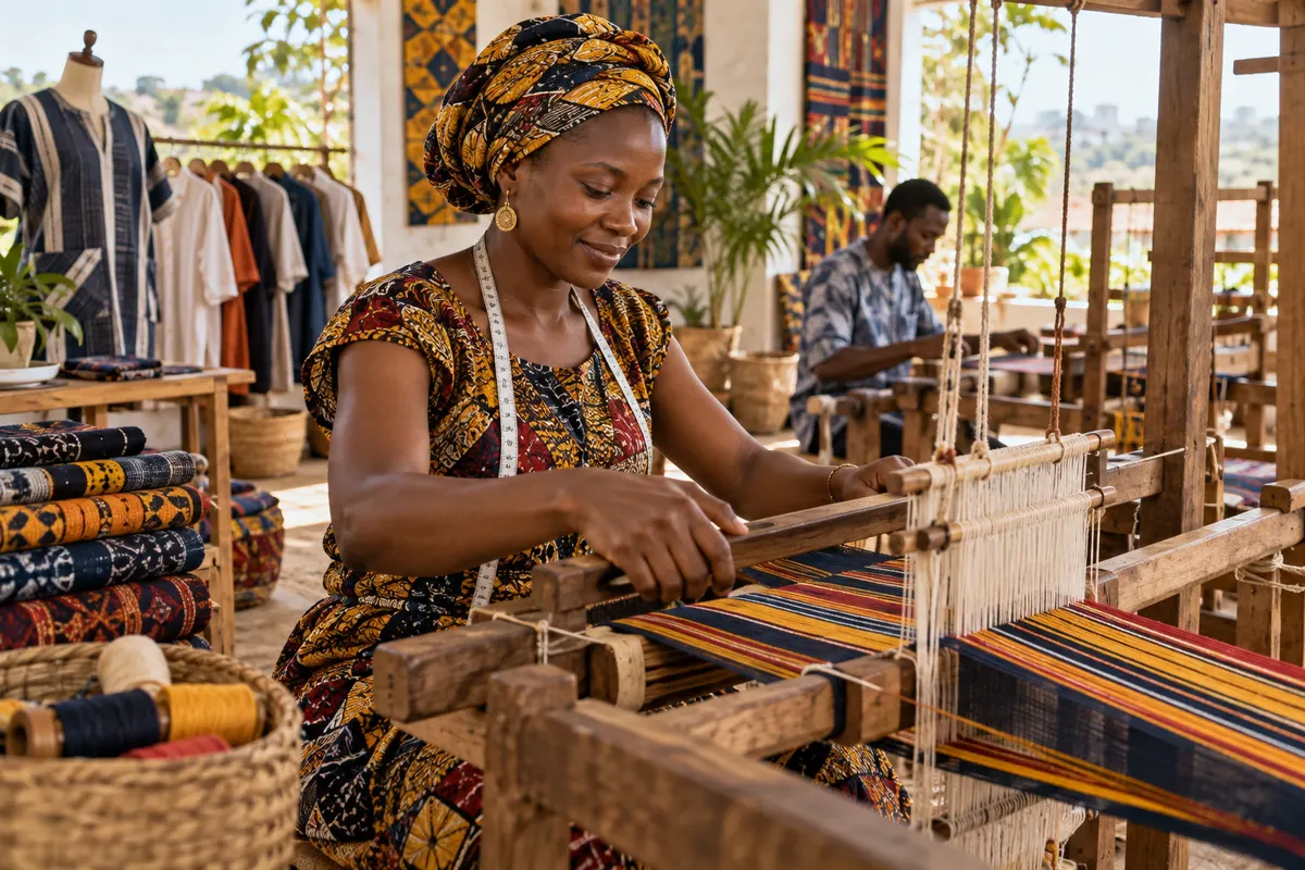 Illustration of skilled artisans weaving textiles